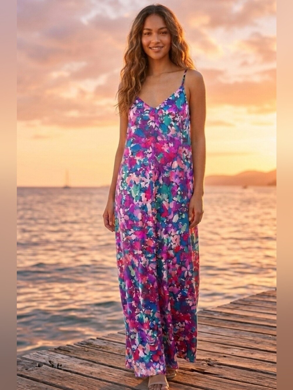NWT Tahari ASL Maxi Dress Pockets Spaghetti Strap Floral Pink Purple Teal Small